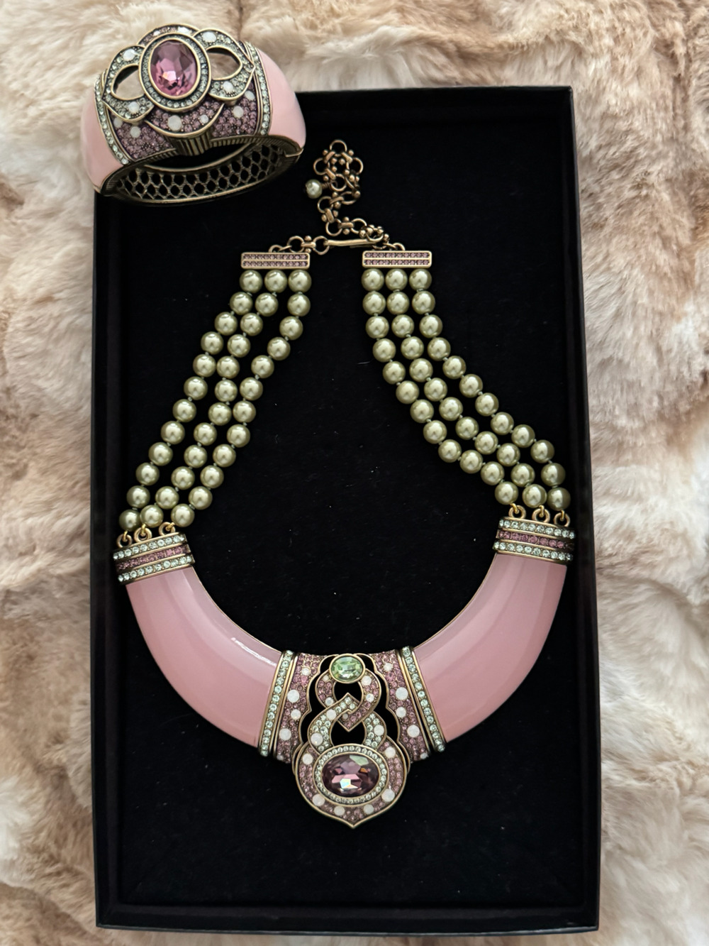 Heidi Daus Pink Resin and Crystal Bib Necklace with Beaded Strands